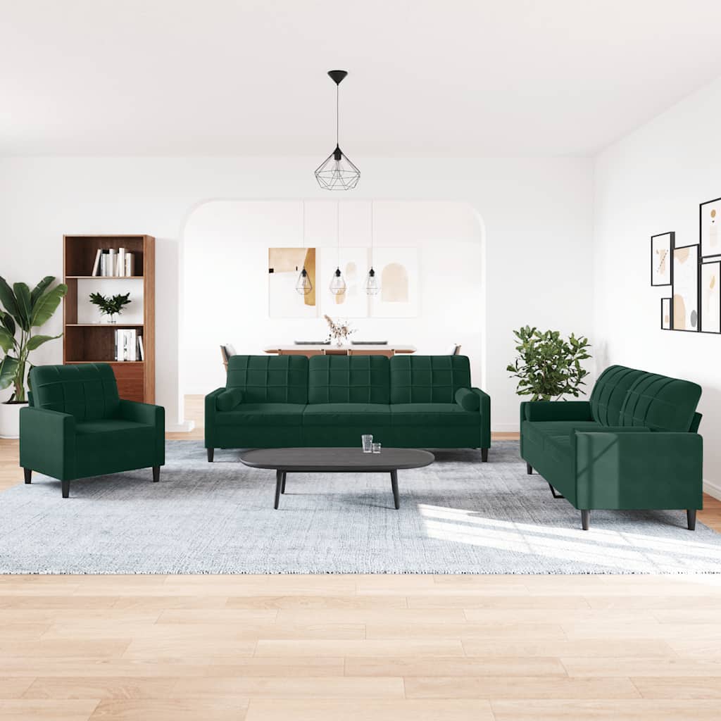 3 Piece Sofa Set with Cushions and Neck Rolls Dark Green Velvet