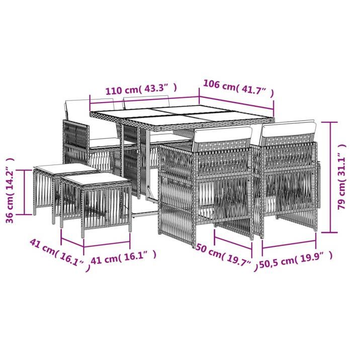 VidaXL Ensemble à Manger de Jardin avec Coussins 9 pcs, Table et Chaises à Dossier Rabattable, Meubles d'Extérieur Patio 3210954