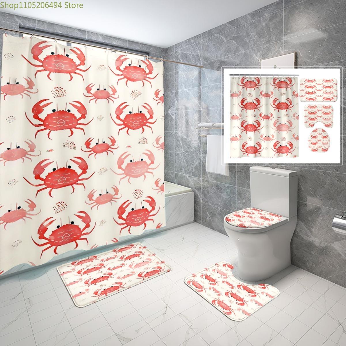 

1/4pcs Crab Pattern Shower Curtain Set | Includes Shower Curtain with 6/12 Hooks, Non-Slip Bath, U-Shape, Toilet Lid Cover Pad 4pcs-Set
