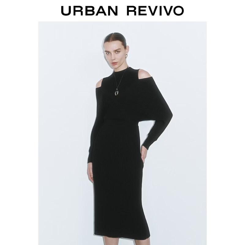 UR2026 Black Knit Off-Shoulder Long-Sleeve Dress S