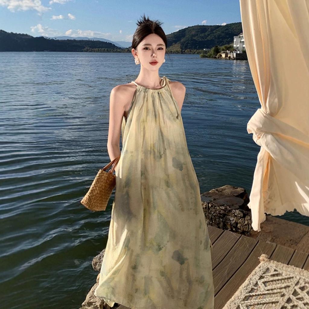 Sanya seaside skirt French loose temperament dress ink smudge printing suspenders holiday wind beach skirt summer