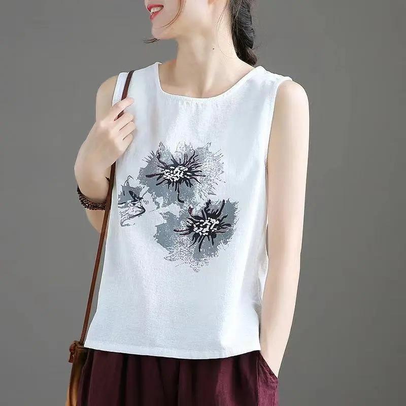 

women floral print sleeveless tank top round neck casual loose fit linen blend blouse M