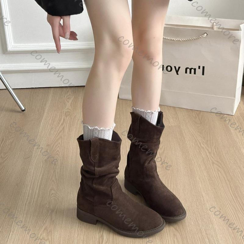 Comemore Damskie Botki na Grubym Obcasie Botki do Połowy Łydki Damskie Jesienne Buty Casualowe Jednolite Zamszowe Kowbojki Bota Feminina
