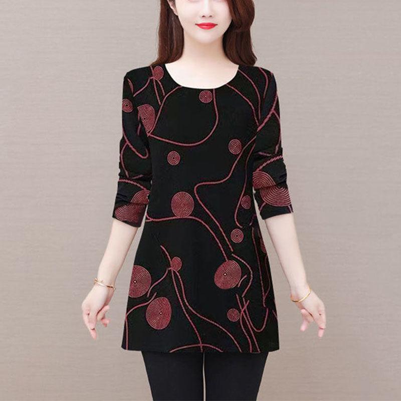 Spring and Summer Middle-aged Women's Round Neck Thin Long Sleeved Geometric Printed Pocket Fashion Casual Bottom Tops