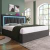 Upholstered LED Double Bed with USB Type C Charging and LED Lighting, Storage Bed Frame Linen Youth Bed 140x200 with Slatted Frame (Without Mattress)