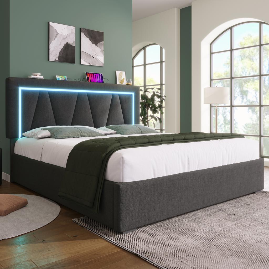 Upholstered LED Double Bed with USB Type C Charging and LED Lighting, Storage Bed Frame Linen Youth Bed 140x200 with Slatted Frame (Without Mattress)