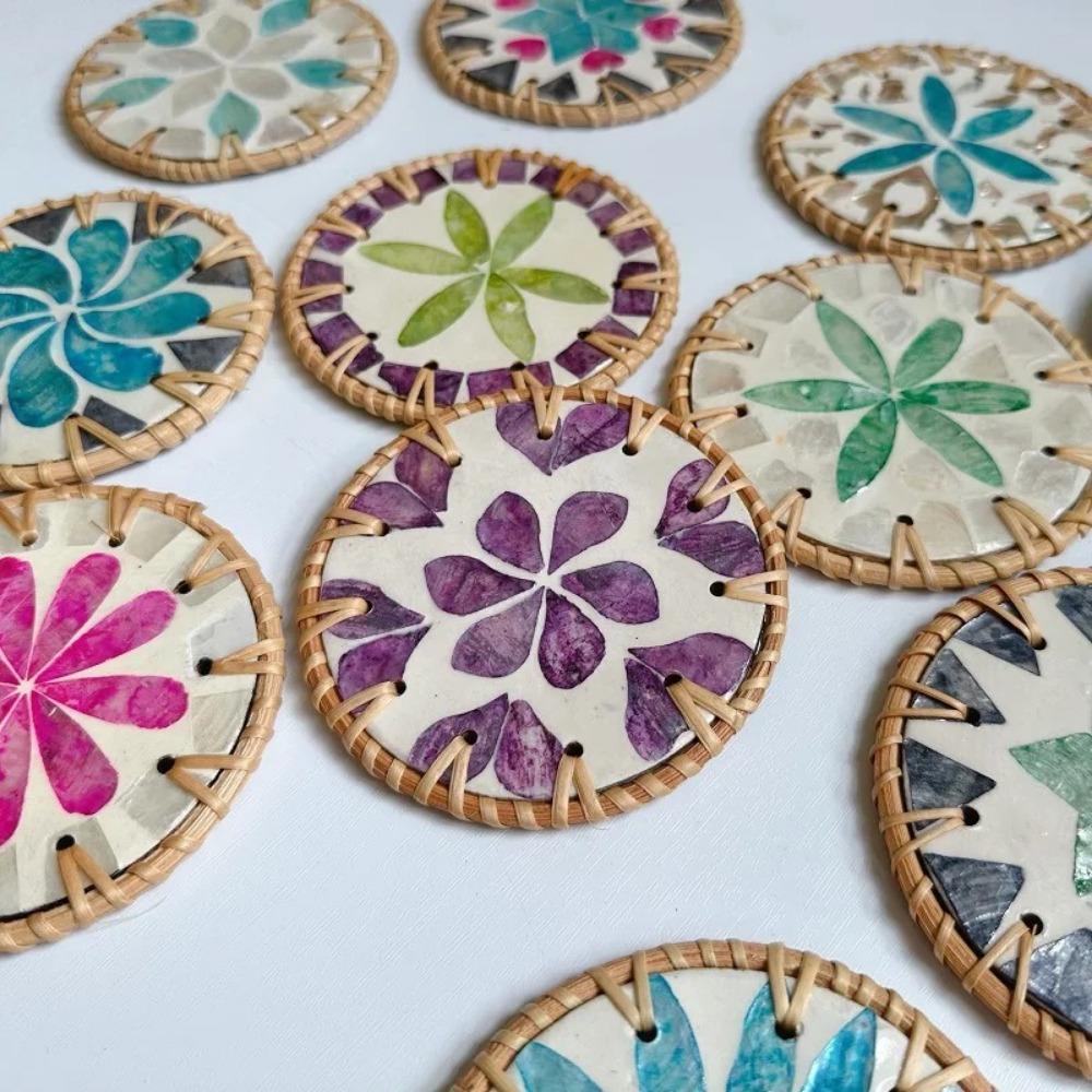Round Rattan Coaster Colorful Mug Placemat New Shell Cup Mat  For Coffee Tea Hot Drink