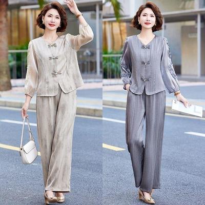 Ensemble deux pièces élégant printemps et automne: Haut et chemise de style chinois à la mode pour femmes d'âge moyen et âgées
