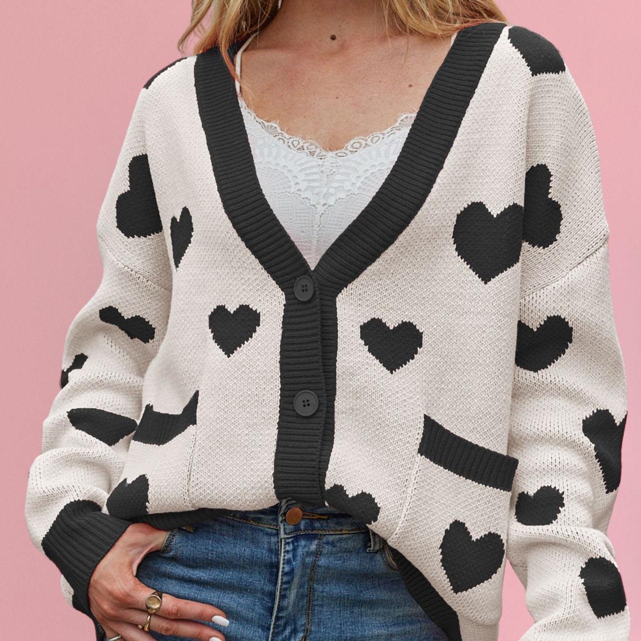 

QICED Осенне-зимний День святого Валентина Любовь Персиковый кардиган Карман V-образный вырез Обычное трикотажное пальто XL