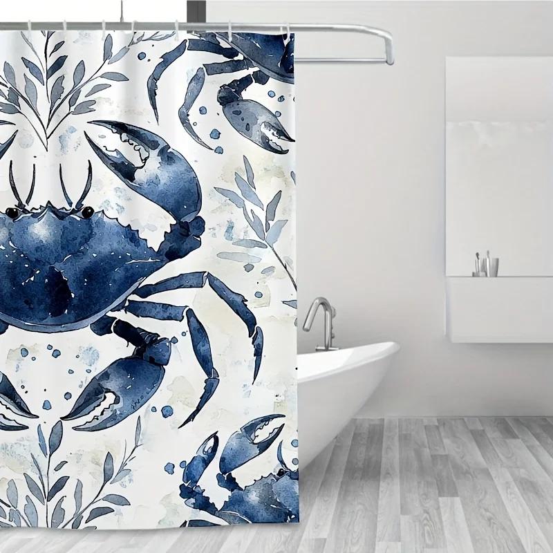 1pc Blue Gray Crab & Foliage Shower Curtain , Polyester, 12 Hooks, Symmetrical Pattern, Summer Bathroom Decor