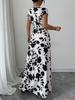 Women's Short-sleeved Tie-waist Dress,  Printed V-neck Long Dress