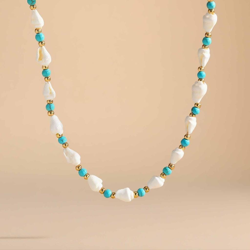 Ocean Style Shell Beads Chain Necklace for Women, Handmade Braided Adjustable Necklace, Stainless Steel Summer Beach Jewelry