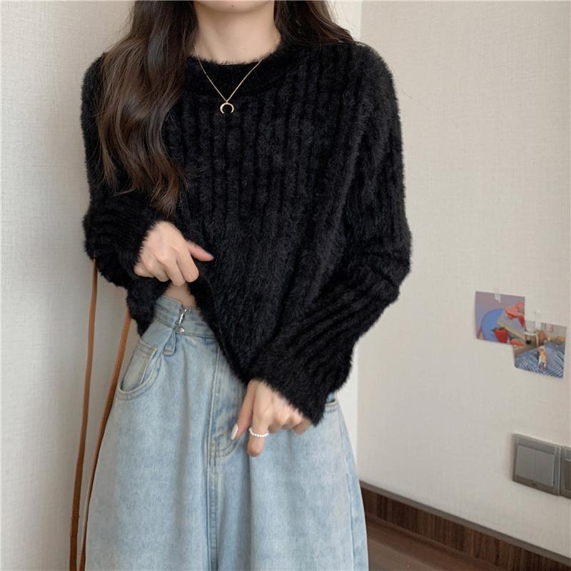 Norkový fleecový svetr Dámské Podzim Zima Zahuštěný Teplý jednobarevný svetr Pletené zboží Všestranný temperament Krátký top