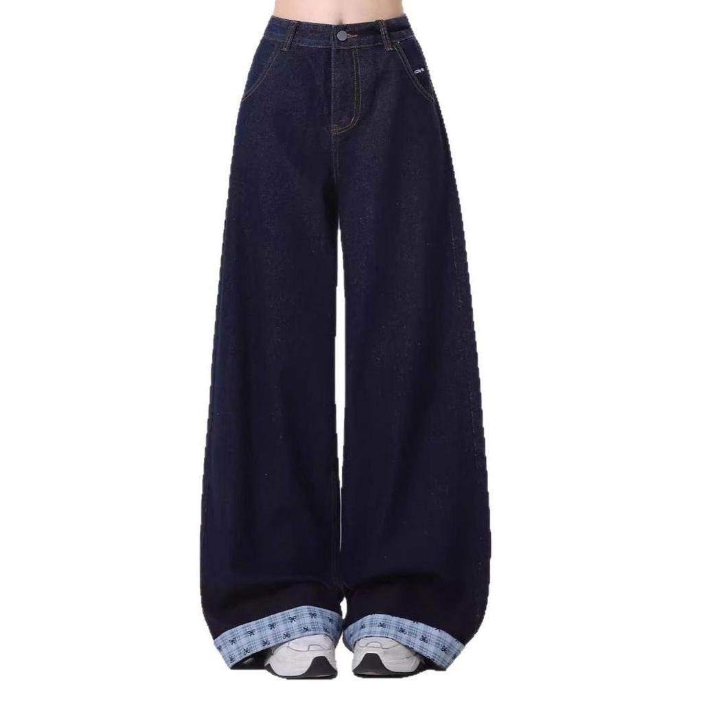 Plus Size Bowknot Plaid Patchwork High Waist Straight-Leg Denim Pants