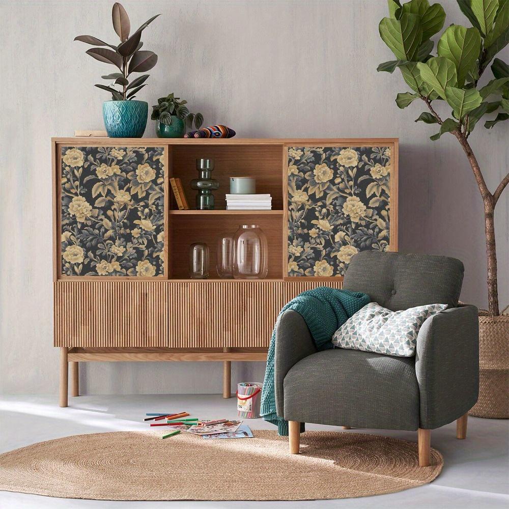 1 Stück Tapete mit goldenen Blumen auf schwarzem Hintergrund, selbstklebend, Boho-Wandaufkleber, entfernbar, zum Abziehen und Aufkleben, wasserfest, dekorative Vintage-Blumenaufkleber