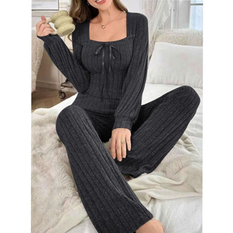 Dames Pyjamaset met Lange Mouwen en Lange Broek, Geborstelde Ribstof, Comfortabele Huispyjama
