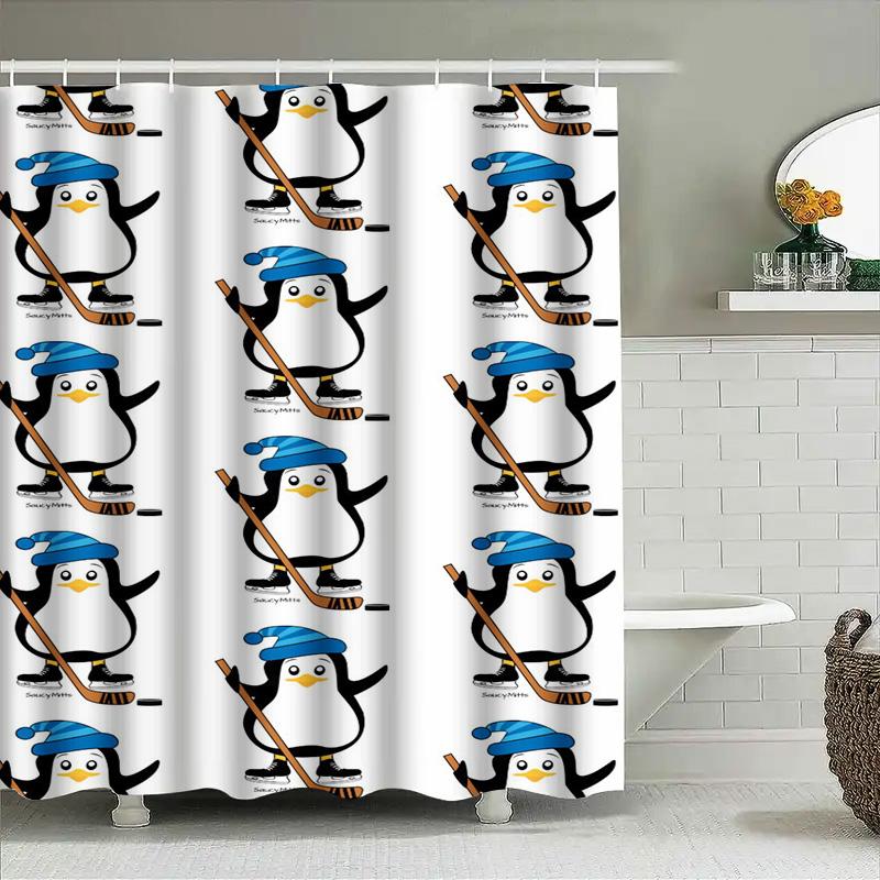 Ice Hockey Penguin Shower Curtain Waterproof Home Decor Bathrooms Kitchen Bathroom Decoration Print Kids Room Christmas Gift Whi