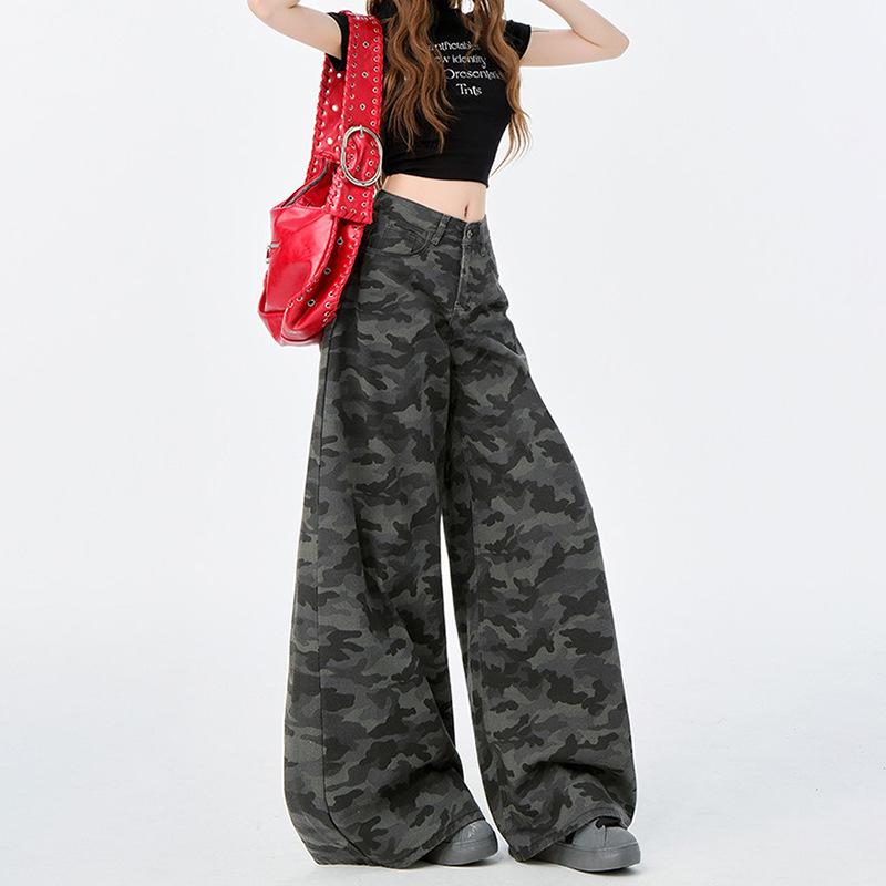 Women Camo Wide Leg Jeans High Waist Draped Floor Length Denim Pants Hip Hop Streetwear Loose Cargo Trousers With Washing Craft