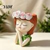 Resin Craft Decoration Cute Girl Planter, Head Planter with Rose Garland, Plant Container Decorative for Succulents Cactus Indoor Desk Decor Pot