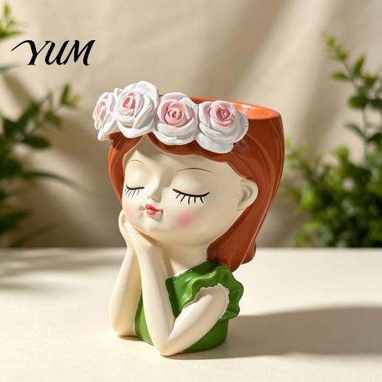Resin Craft Decoration Cute Girl Planter, Head Planter with Rose Garland, Plant Container Decorative for Succulents Cactus Indoor Desk Decor Pot