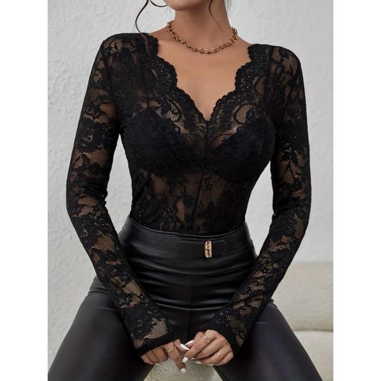 Women Sexy V Neck Lace Base Shirt Slimming Long Sleeve Top Comfortable Single Layer Fall Winter New Inside Wear