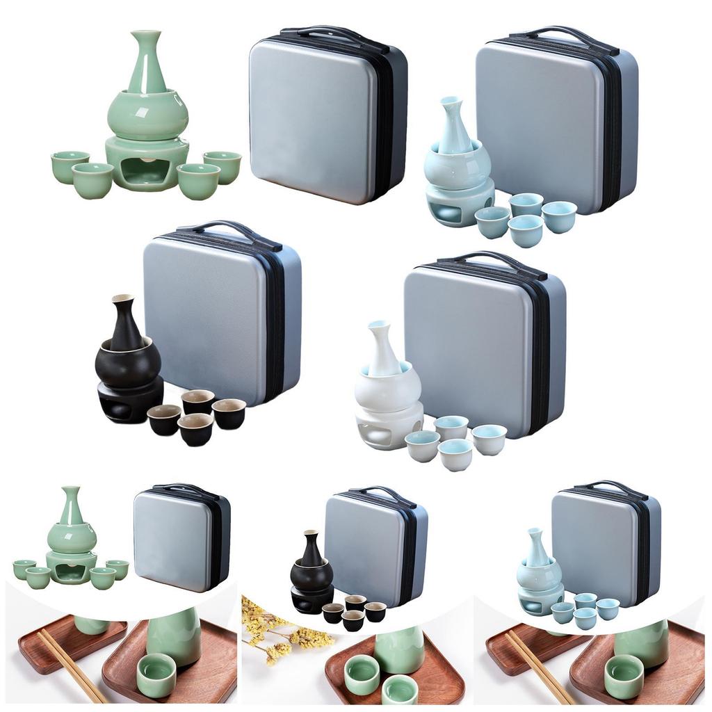 Ceramic Sake Set Cups with Warmer Warming Bowl Creative with Travel Bag Sake Bottle 4 Cups Wine Decanter Ceramic Drinkware