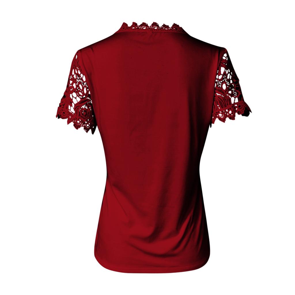 Women's Color Lace Splicing Short Sleeve Round Neck Tops