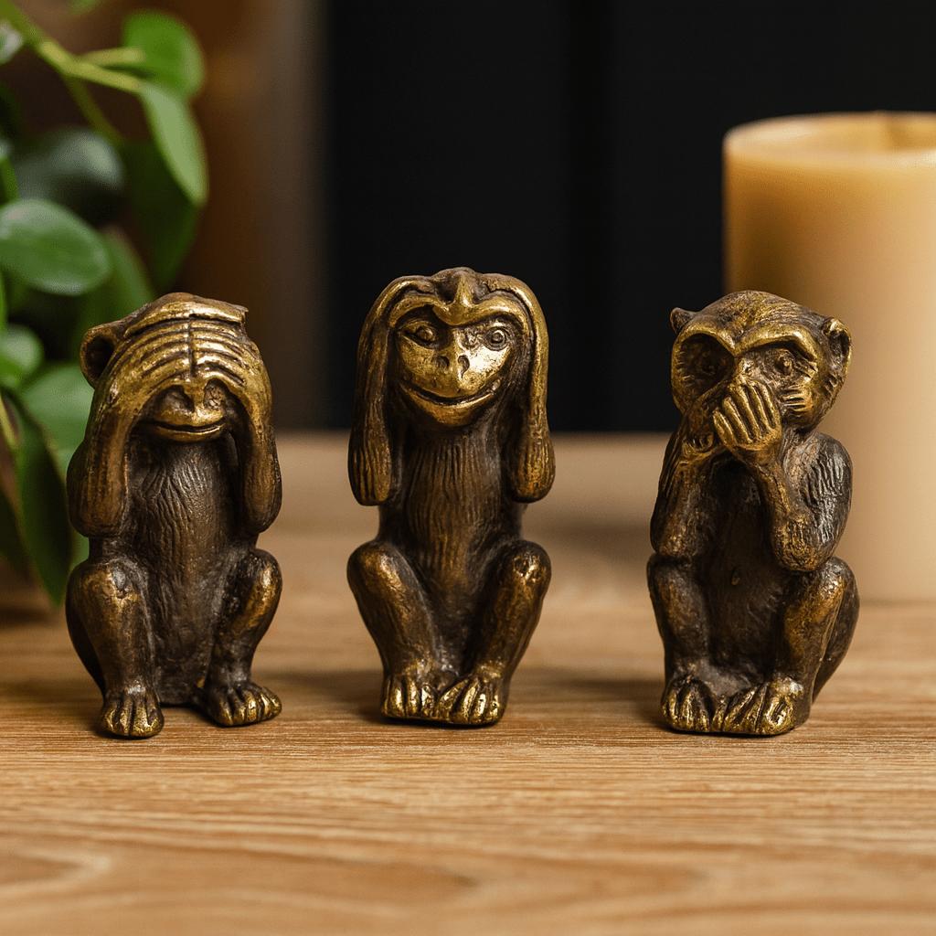 Misiņa trīs gudro mērkaķu statuetu komplekts