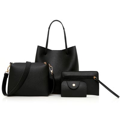 4 Piece Set Large Capacity Leather Handbag Pure Colour Lychee Texture Shoulder Bag Bucket Bag Wallet Handbag