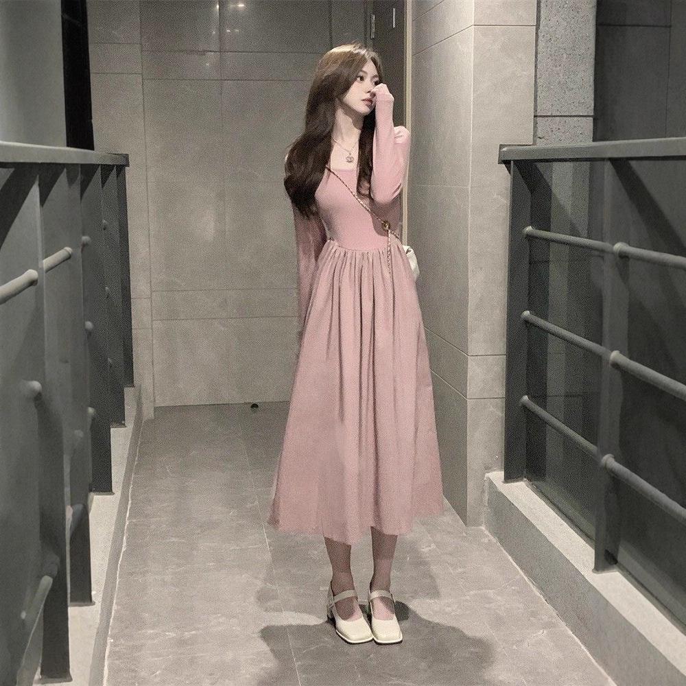 French Chic Pink A-Line Dress: Sexy, Sweet Slim Fit for Spring & Autumn
