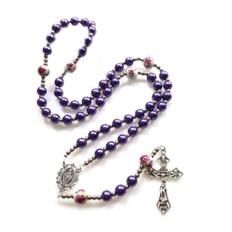 Round Glass Beads Rosary Necklace Mary Jesus Crucifix Pendant Religious Necklaces for Men Women Jewelry Charm Gift