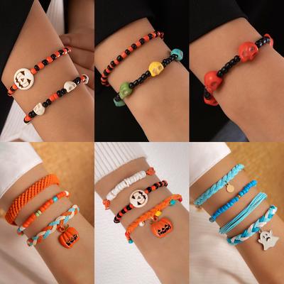 Halloween Pumpkin Skeleton Seed Beads Bracelet Set Gothic Dark Punk Beaded Jewelry for Women