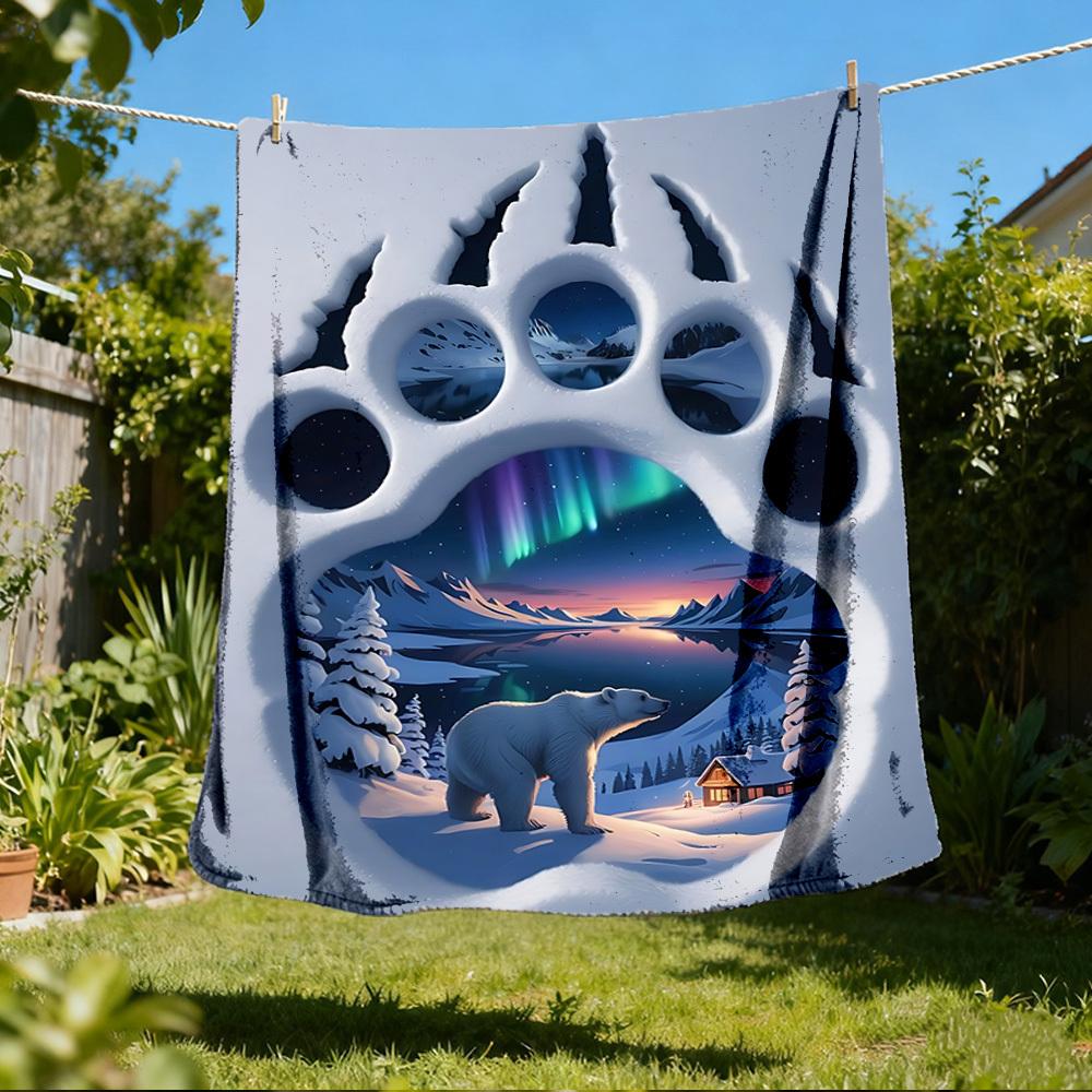 1pc Polar Bear Footprint Throw Blanket Polyester Fiber, Lightweight Flannel, Soft & Warm, All Season Use for Outdoor, Camping Digital Print