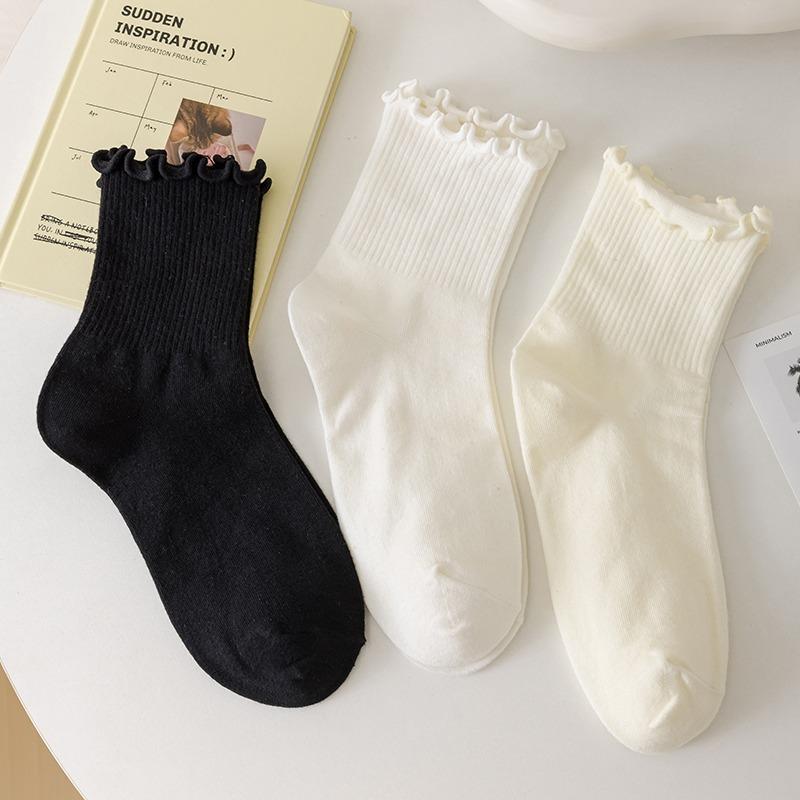 5pairs Korean Lolita JK Ruffle Cotton Socks for Women Middle Tube Ankle Soft Breathable Hosiery Black White Autumn Kawaii Socks