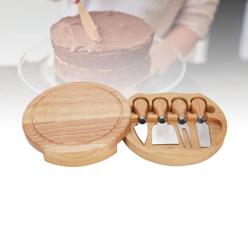 Cheese Board Set Rubberwood Platter Cheeseboard Kit Charcuterie Board Set with 4 Pcs Stainless Steel Cutting Tools