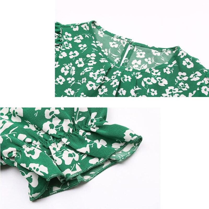 Fashion Flower Printed Dress Summer Belt Lace-Up Green Dress Casual Folds O-neck Pleated Dress Vestidos De Mujer Elegantes 26013