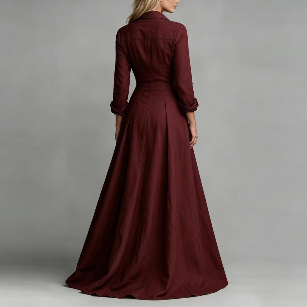 Women Long Sleeve Shirt Dress High Waist Flared Maxi Dress Button Down Front Collared Casual Dress with Pockets