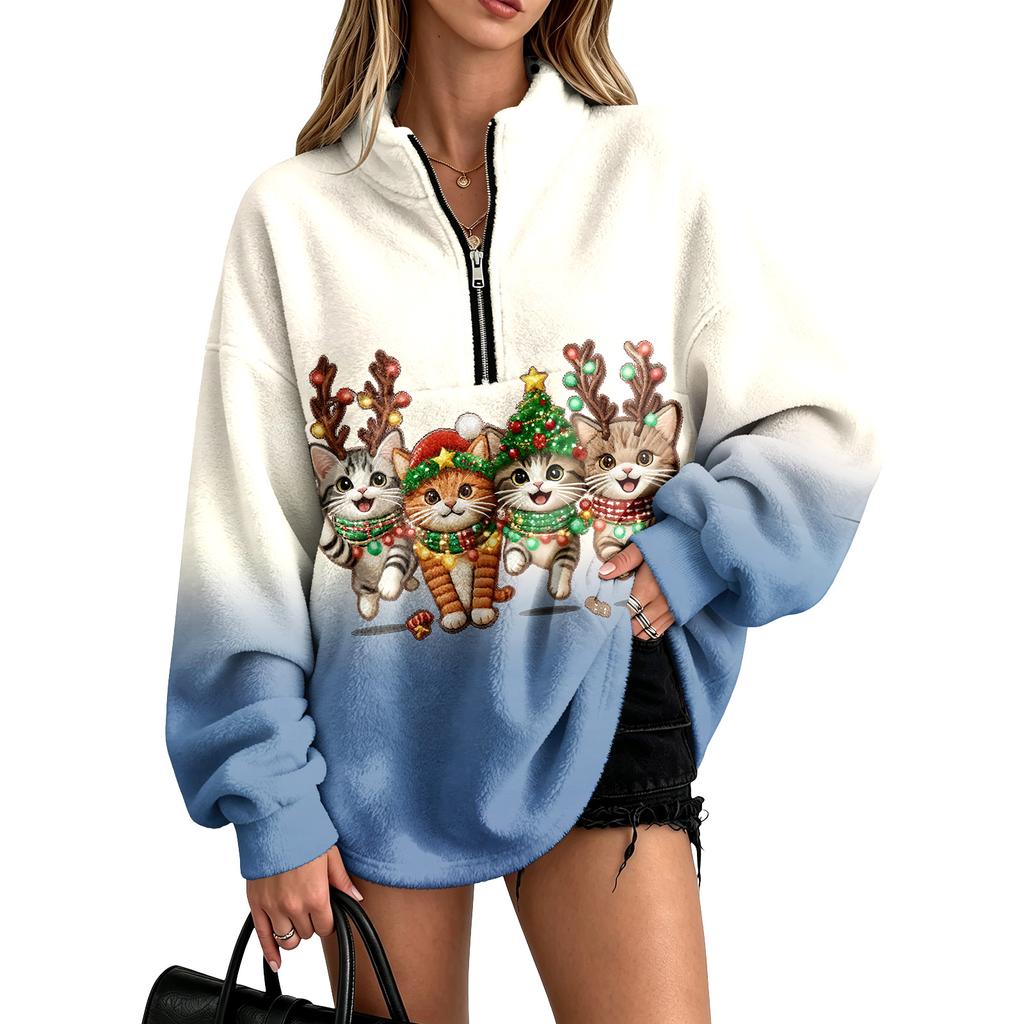 Women's Christmas Print Flannel Quarter-Zip Pullover Sweatshirt with No Pockets for Holiday Casual Wear