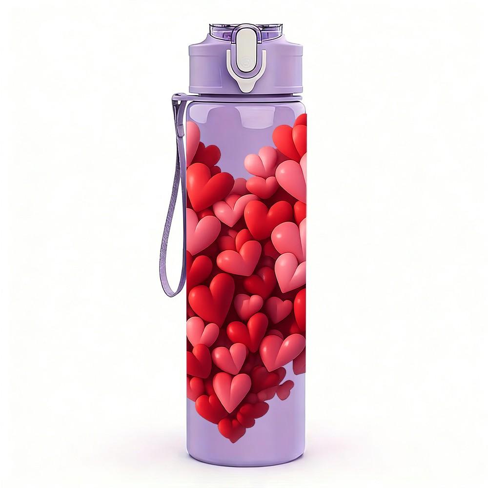 1PC Red Rose Heart Shape Print 750ml Color Plastic Sports Water Bottle Leakproof Flip Straw Lid Suitable for Sports Office Home Use