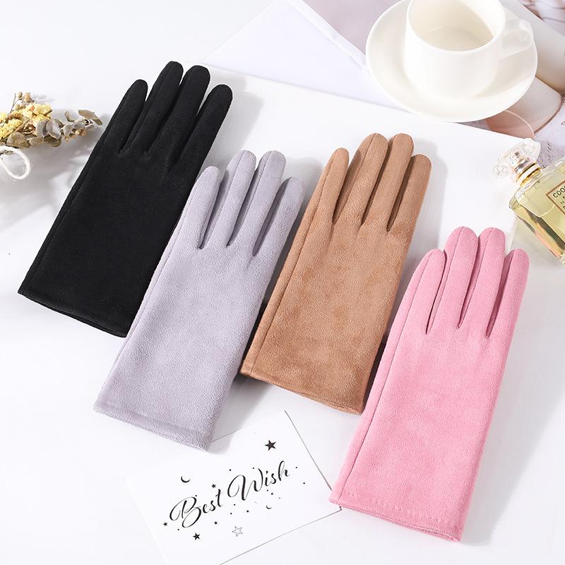 New Women Winter Keep Warm Touch Screen Suede Fabric Plus Velvet Inside Thicken Female Elegant Solid Simple Style Soft Gloves