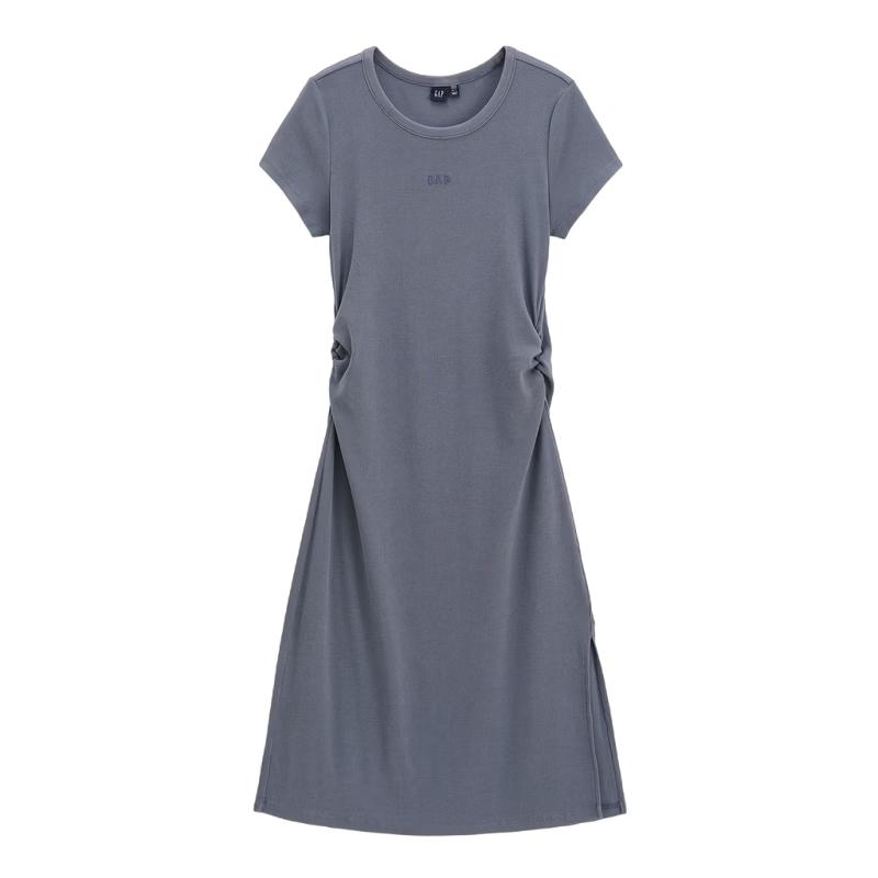 Gap Women's Embroidered Logo Pleated Waist Round Neck Short Sleeve Dress