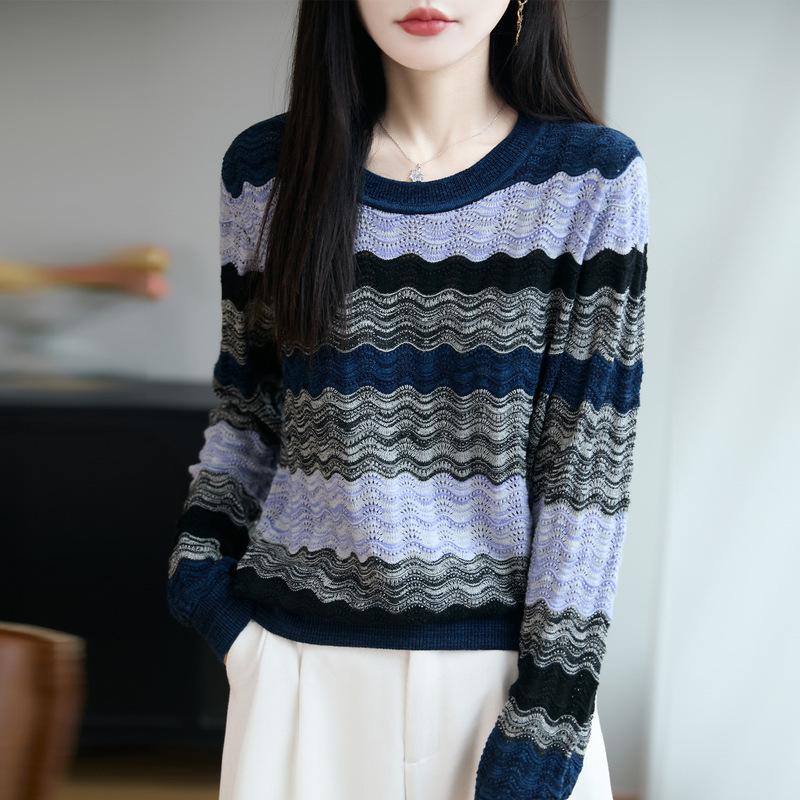 

Spring and Autumn New Color-blocking Striped Round-neck Knitted Sweater Women s Color-blocking Wavy Pattern Cut-out Base Layer Top XL