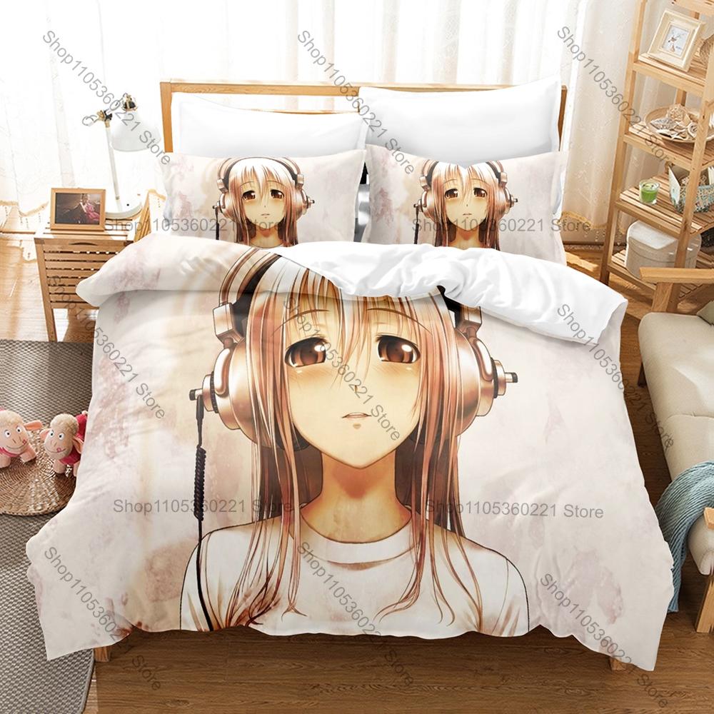 Anime Style Bedding Set, Duvet Cover + 2 Pillowcases, Super Sonico Design Comfortable Home Bedding Supplies