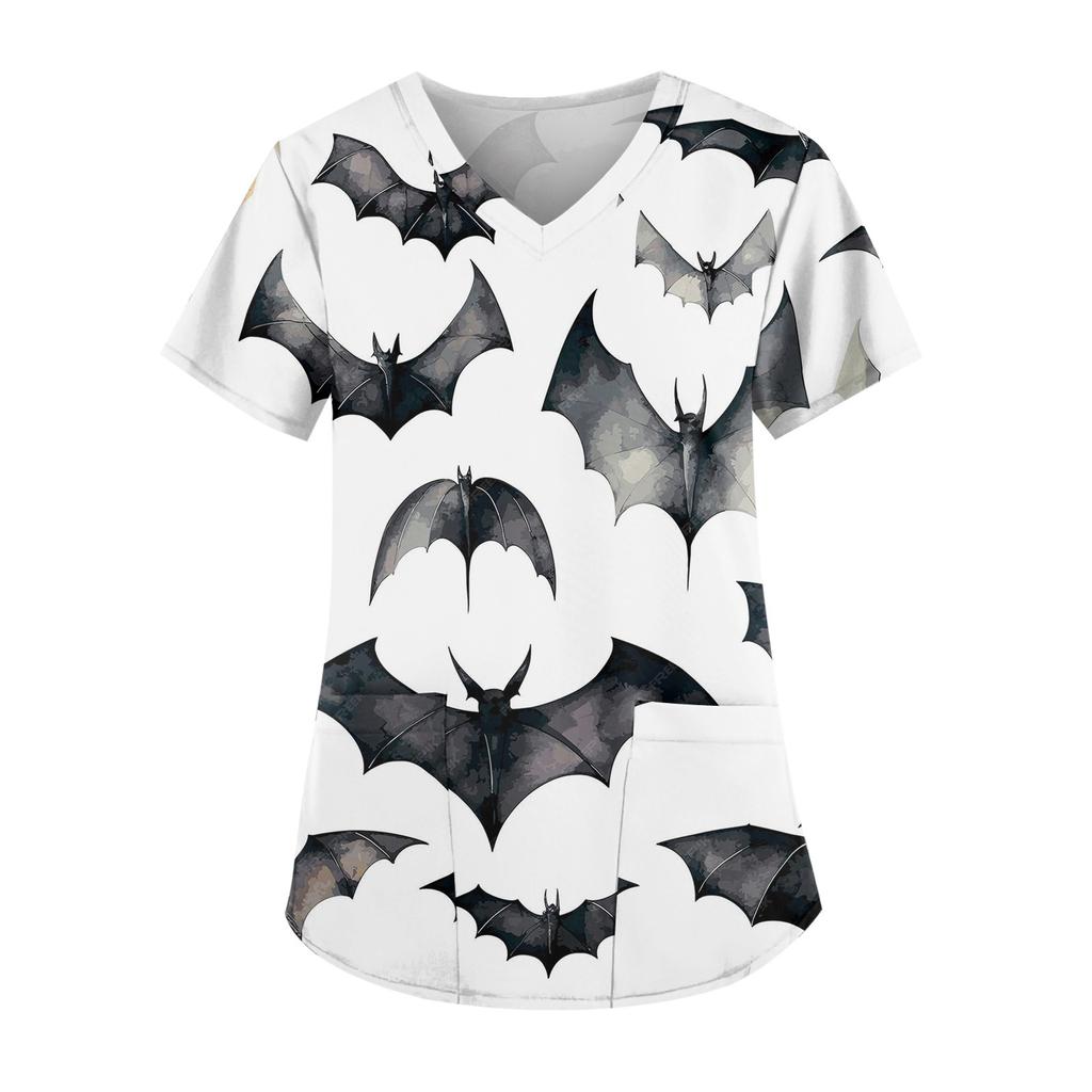 Women's Fashion V-Neck Short Sleeve With Pocket Halloween Printed T-Shirt Top