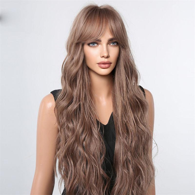 Straight Bangs Long Hair Curly Hair Gradient Brown Fluffy Natural Wig Women Water Ripple