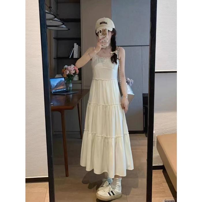

Sweet temperament waist long dress gentle and sexy summer seaside vacation French white dating dress suspender dress S