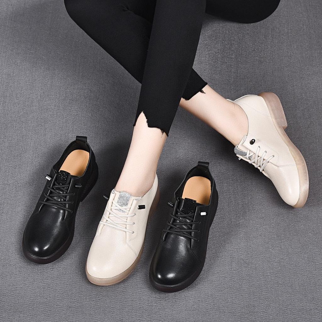 2025 spring and summer new first-layer cowhide flat-soled low-heeled single shoes round head rhinestone soft-soled soft-sided loafers small leather sh