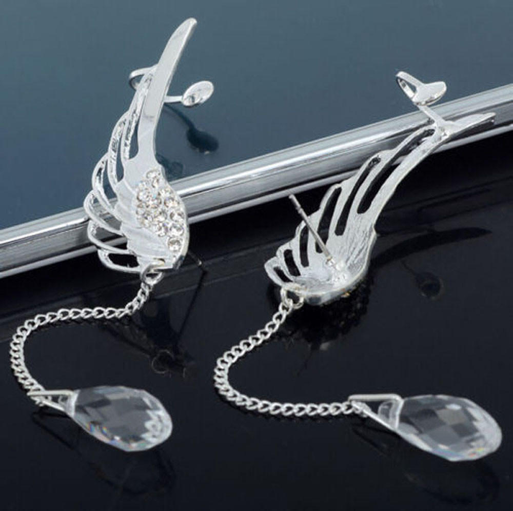 Angel Wing Tassel Clip On Earrings Long Chain Dangle Non Pierced Ear Cuff Jewelry Accessories for Women and Girls