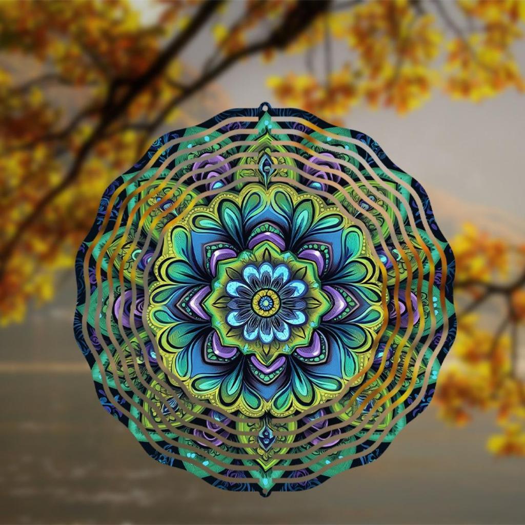 Vibrant Mandala Metal Wind Chime Outdoor Hanging Kinetic Yard Art with Colorful Floral Design in Green Blue Purple Yellow for Christmas Halloween