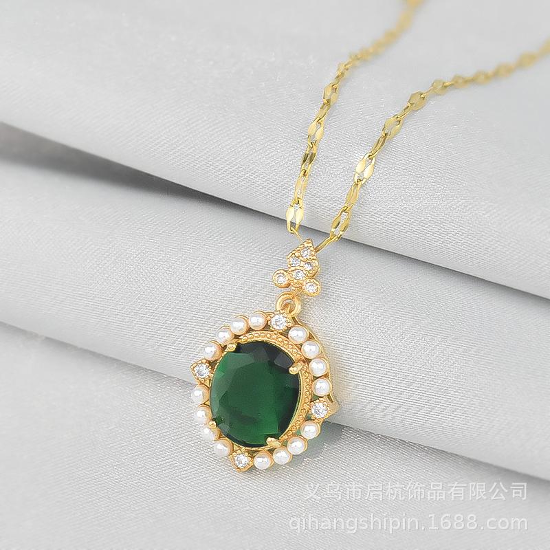 

Emerald Necklace Female Ethnic Style Vintage Versatile Inlaid Pearl Pendant Clavicle Chain Accessories